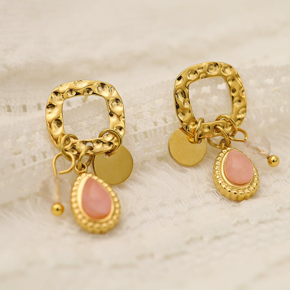 Natural Stone Earrings with Hammered Metal Finish