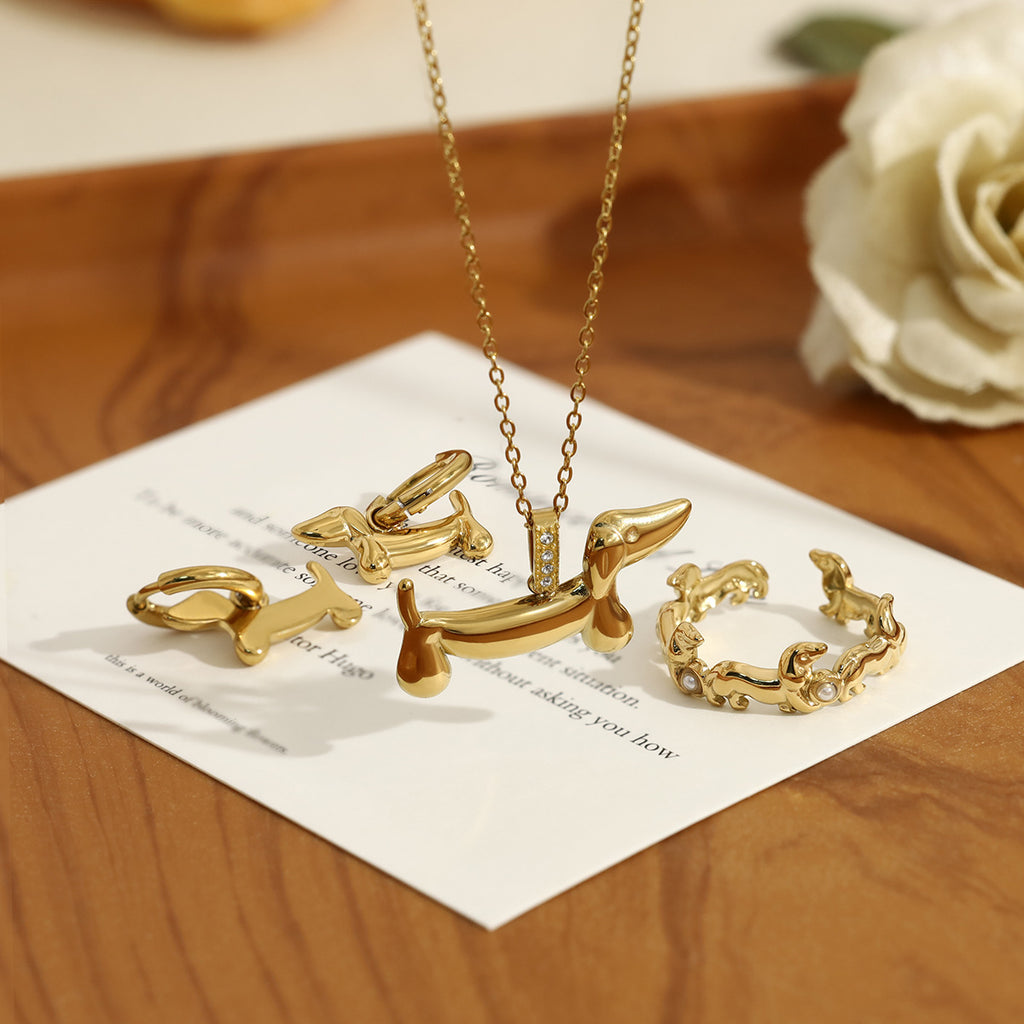 Dachshund Pendant Necklace, Earrings, and Ring 3-Piece Set