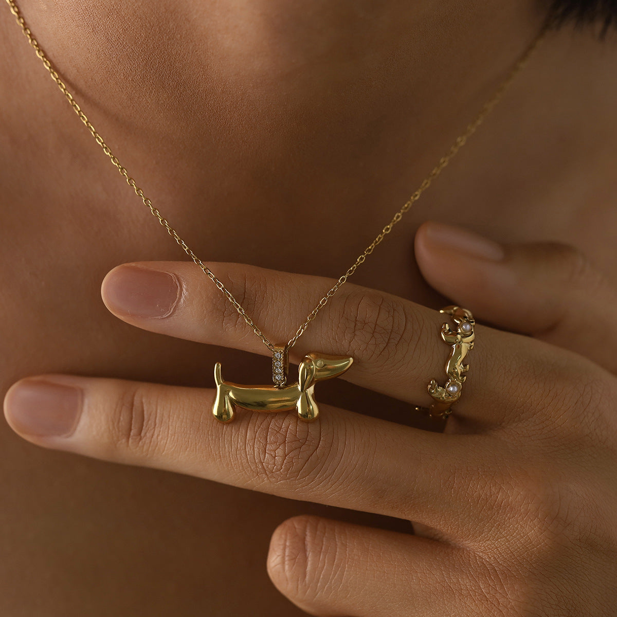 Dachshund Pendant Necklace, Earrings, and Ring 3-Piece Set