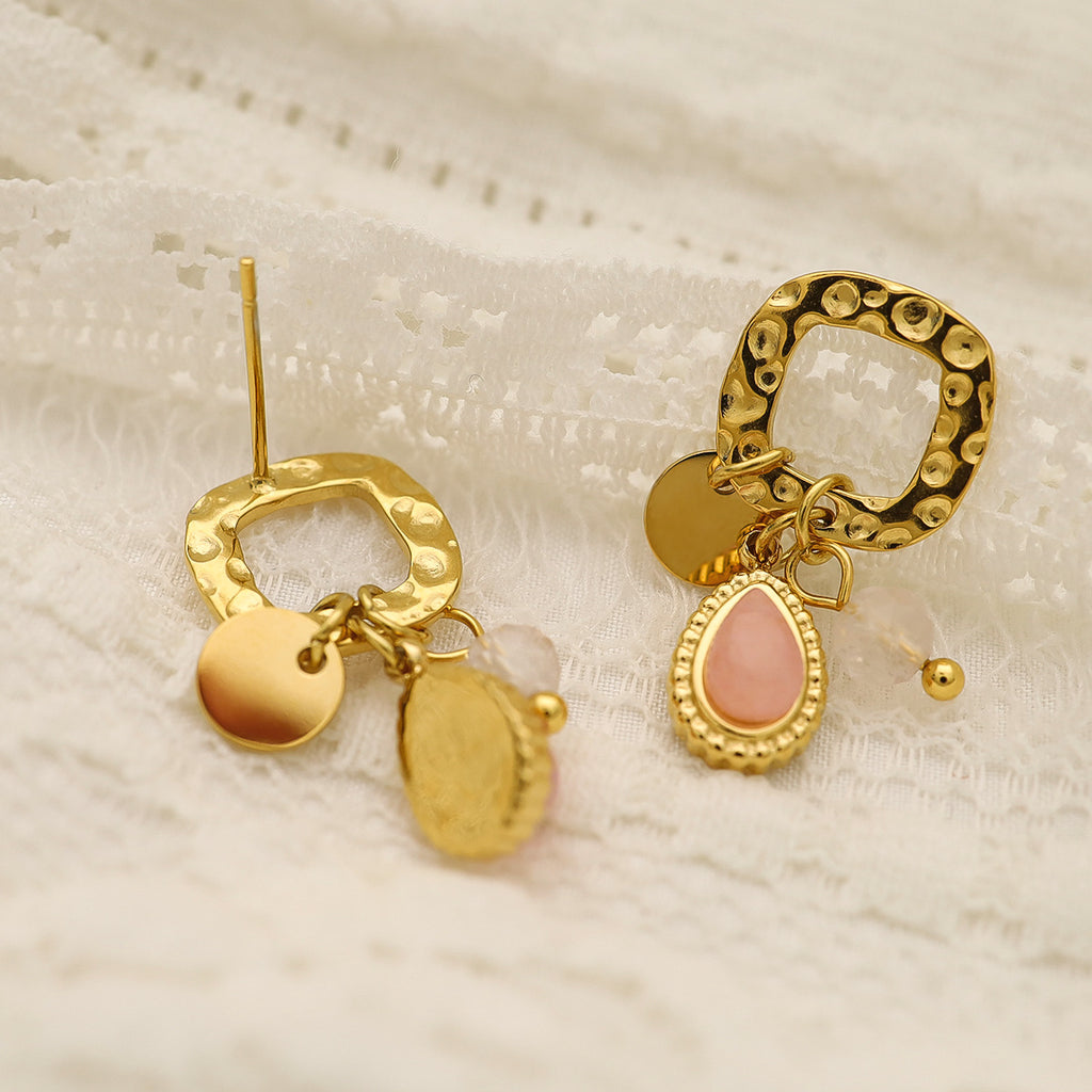 Natural Stone Earrings with Hammered Metal Finish